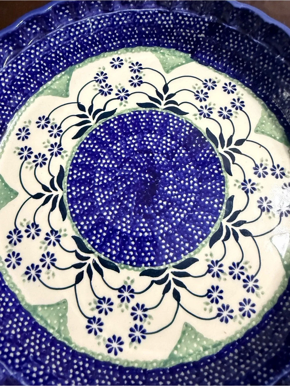 Polish Pottery Hand-Painted Blue Ceramic Pie dish- Decorative Home Kitchen Plate